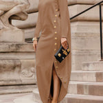 Long Sleeves Loose Asymmetric Buttoned Split-Joint Split-Side Mock Neck Maxi Dresses