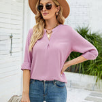 Nadorine Solid Color Shirt Loose Casual V Neck Long Sleeve Western Blouse