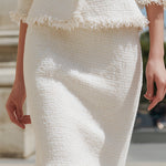 Ivory Fringed Tweed Jacket & Pencil Skirt Two-Piece Set