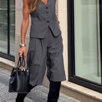 Office Social Button Back Tie-up Vest and Pocketed Wide Leg Midi Pants Set