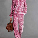 Casual Sporty Retro Pink Velvet Leopard Print Sweatshirt And Wide-Leg Pants Set