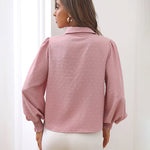 Nadorine V Neck Crinkle Crepe Lantern Sleeves Shirt Top Button-Down Loose Blouse