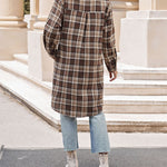 Nadorine Plaid Longline Button-Up Shacket Lapel Neck Long Sleeve Shirt Pocket