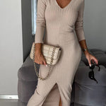 Solid color fashionable V-neck long-sleeved pit long dress