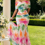 Women's Foldover Off-Shoulder Floral Mermaid Dress Mesh Ruched Maxi Gown with Detachable Clear Straps