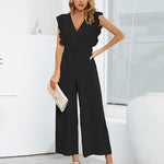 Nadorine Women's Casual Loose Jumpsuit V Neck Sleeveless Solid Ruffle Pleated Wide-leg Long Playsuit with Belt
