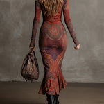 Bohemian Half-zip Ethnic Printed Knitted Fishtail Hem Midi Dress