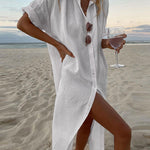 Turn-Down Collar Long Sleeve Single Breasted Loose Shirt Dress Solid Color Summer Beach Dresses