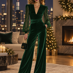 Vintage Elegant And Exquisite V-neck Mesh Long-sleeved Royal Blue Velvet Jumpsuit