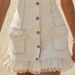 Retro V-neck Lace-trimmed Multi-pocket Denim Sleeveless Mini Dress