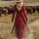 Western Style Vintage Embroidered Red Fringed Faux Suede Midi Dress