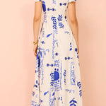 V Neck Puff Sleeves Resort Print A-line Maxi Dress