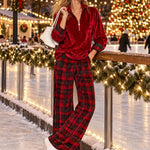 Casual Bright Red Velvet Half-zip Top And Plaid Wide-leg Pants Set