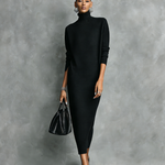 Women's Elegant Black Knitted Turtleneck Long-sleeved Loose-fitting Maxi Dress With No Pockets