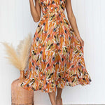 V Neck Tie Waist Abstract Print Midi Cami Dress