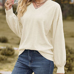 V-Neck Solid Color Twisted Knit Long Sleeve Loose T-Shirt Tops