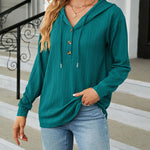 Solid Color Hooded Loose-Fitting Long-Sleeved Sweatshirt with Buttons