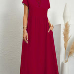 Loose Short Sleeves Pleated Solid Color Round-Neck Midi Dresses
