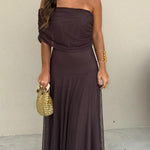 Brown One Shoulder Mesh Maxi Dress