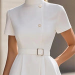 Short Sleeves Belted Buttoned Solid Color Stand Collar Mini Dresses