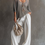 Simple Urban Gray Mesh Knit T-shirt And White Cotton Linen Wide-leg Pants Set