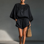 Women's Minimalist Embroidered Blouse And Drawstring Shorts Set
