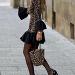 Street Elegant Leopard Patchwork Ruffle Half A Turtleneck Mini Dresses