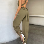 Nadorine Women's Crisscross Tie Backless Halter Jumpsuit Deep V Neck Sleeveless Jumpsuits