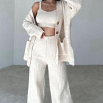 Elegant Three-pieces Knitwear Set Crop Vest Button Sweater Cardigant and Wide Leg Pant Outfits