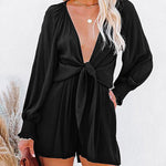 Long Sleeve Front Ties V Neck Shorts Jumpsuit