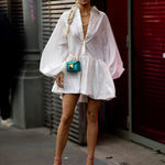 Urban Puff Sleeves Buttoned Split-Joint Solid Color Lapel Mini Dresses Shirt Dress