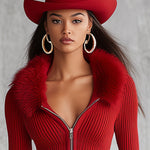 Lapel Zipper Faux Fur Collar Knitted Cardigan