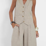 Women Casual Linen Waistcoat Two Set Suits