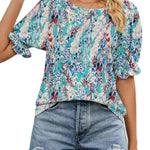 Nadorine Casual Floral Print Smocked Puff Sleeve Shirts