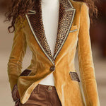 Pink Velvet Stitching Leopard Print One Button Blazer