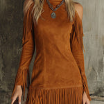 Semi-high Neck Off-the-shoulder Fringed Faux Suede Long-sleeved Mini Dress