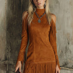 Semi-high Neck Off-the-shoulder Fringed Faux Suede Long-sleeved Mini Dress