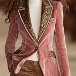 Pink Velvet Stitching Leopard Print One Button Blazer