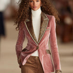 Pink Velvet Stitching Leopard Print One Button Blazer