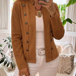 Double Breasted Decor Stand Collar Open Front Faux Suede Jacket Casual Coat