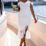 Women's Off Shoulder Mesh Dress Pearls Decor Strap Ruched Bodycon Dress Ruffle Hem Slit Evening Party Dress