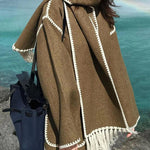 Women's Thickened Loose Woolen Coat with Fringed Scarf