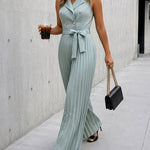 Women's Sleeveless Blazer Jumpsuit Notch Lapel Double Breasted Pleated Wide Leg Overalls Casual Shirred Jumpsuit with Belt