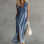 Exquisite Vintage Casual Hooded V-neck Zipper Side Slits Buttons Blue Denim Midi Dress