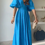Elegant V Neck High Waist Ruched Swing Maxi Dress