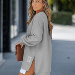 Letter Patch Detail Long Sleeve Drop Shoulder Pullover Sweatshirt Casual Zipper Side Slit Top