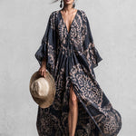 Elegant And Flowing Retro Print V-neck Dark Blue Chiffon Slit Maxi Dress