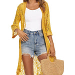 Nadorine Women Lace Crochet Coverups Open Front Cardigan Sheer Cover Up 3/4 Sleeve Kimono (US Only)