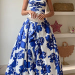 Strapless Ruched Bodice Full Skirt Floral Print Maxi Dress