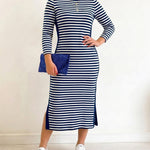 Women's Casual Striped Midi Dress Long Sleeve Crewneck Contrast Side Panel Side Slit T-Shirt Knit Dress with Pockets